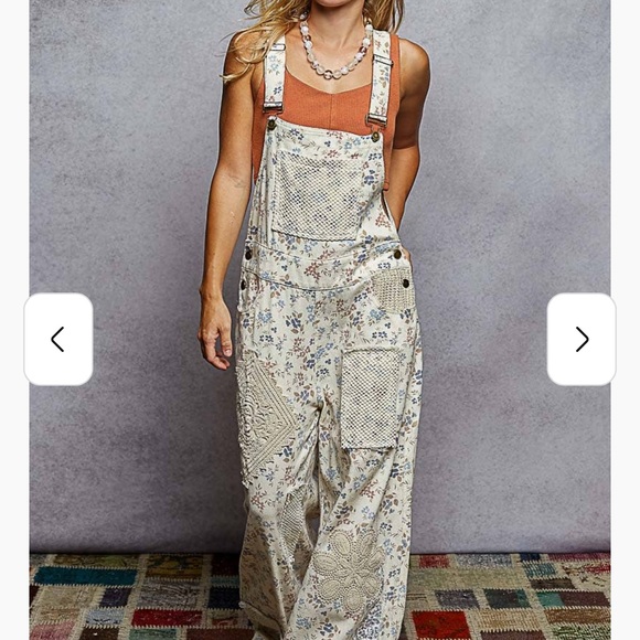 POL Floral Patchwork Overalls in Cream and Blue Lace Flare Boho Size Small! - Picture 2 of 5